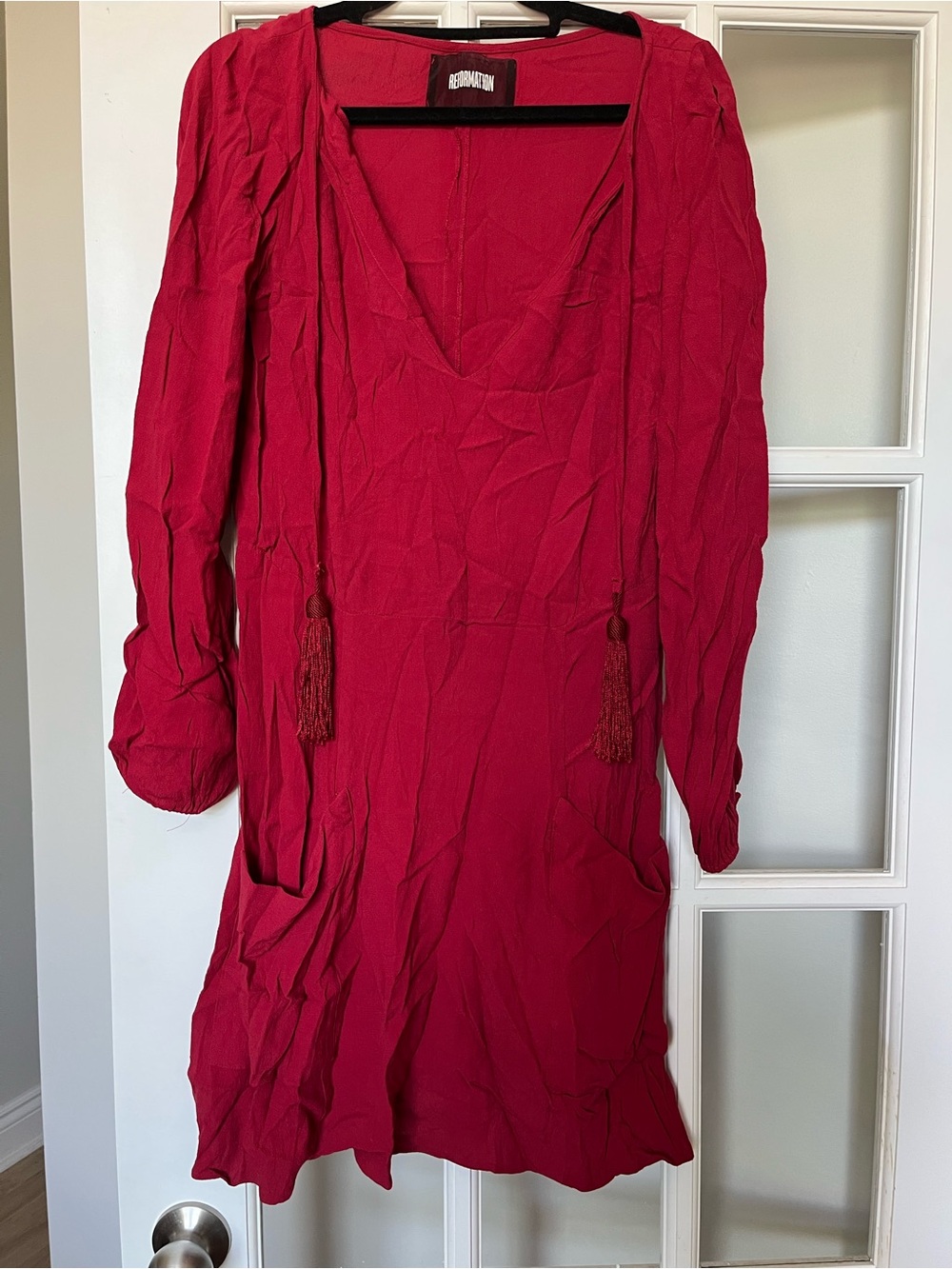 Reformation Bright Red V-Neck Tassel Tie Tunic